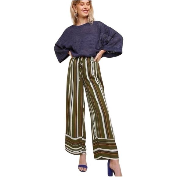 Womens Umgee Wide Leg Striped Pallazo Cropped Drawstring Pull-On Pants - Sz S - Picture 1 of 4